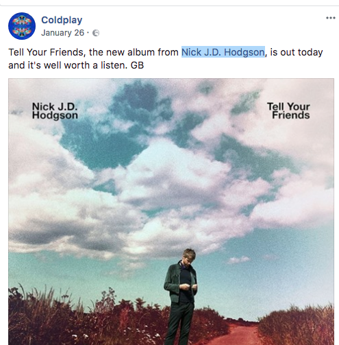 Coldplay Promoting Nick J.D Hodgson on Facebook