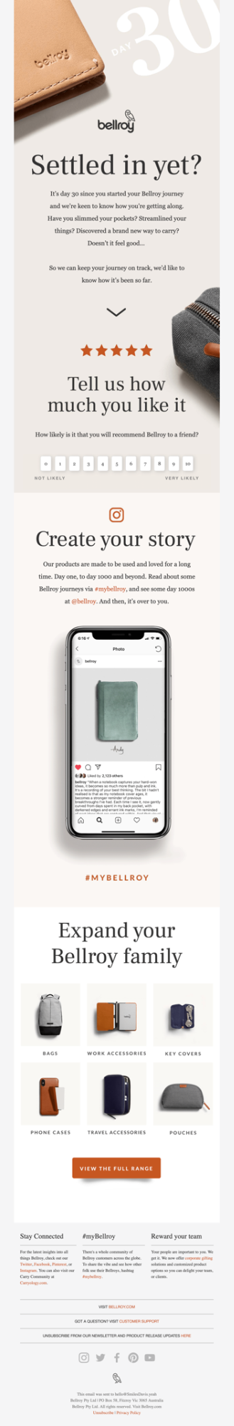 Automated Email From Bellroy Asking for Feedback From the Subscriber