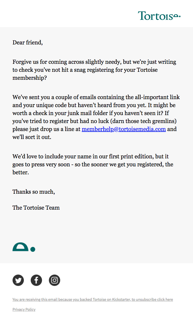 Automated Email From Tortoise Trying Re-Engaged Their Email Subscriber by Listing the Benefits