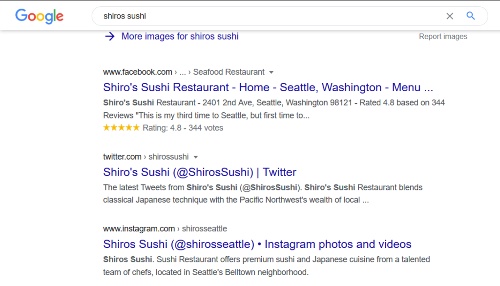 Shiros Sushi SERP With Social Media Pages